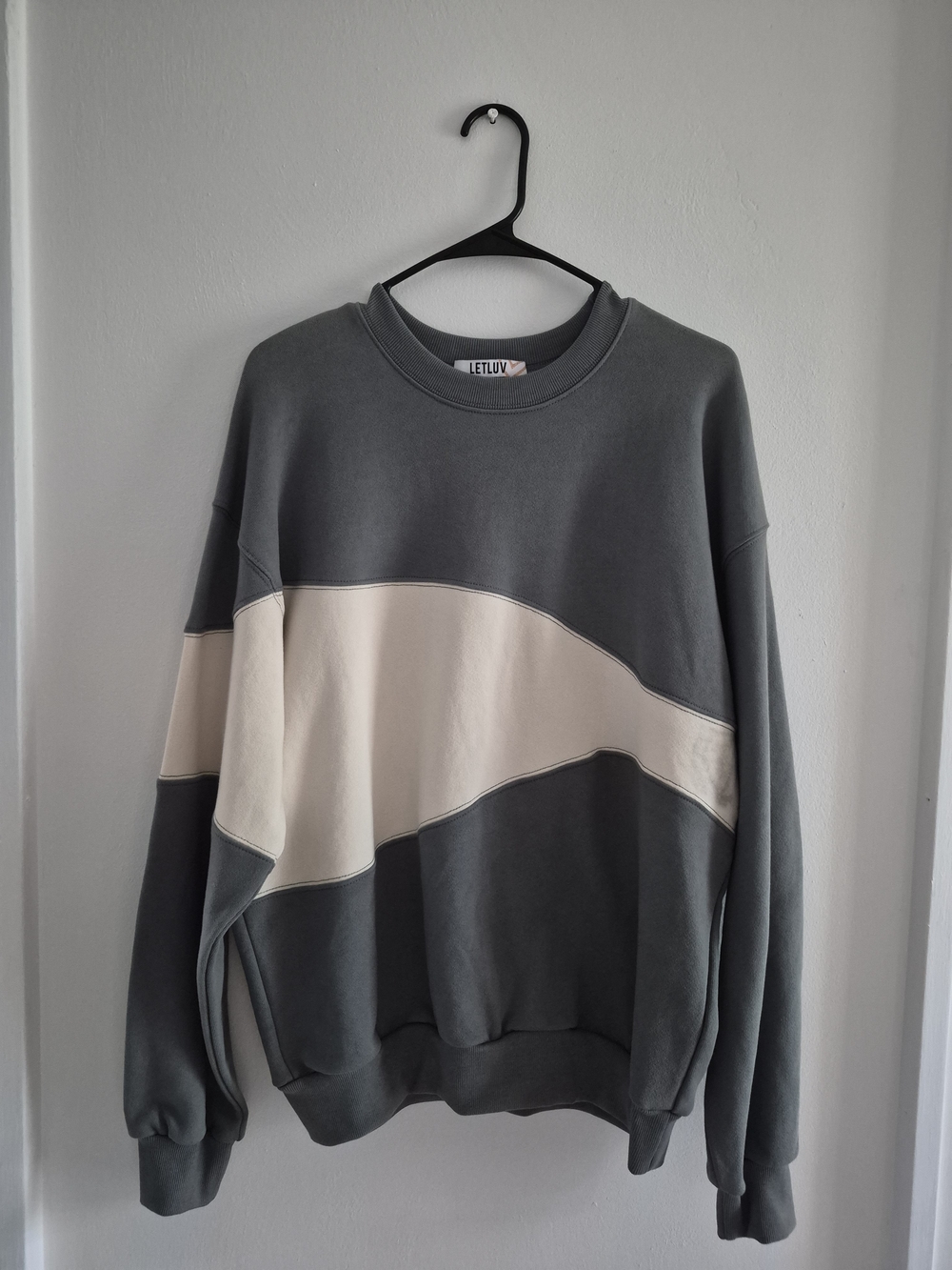 NWOT Anthropologie Letluv SageGray and Cream Diagonal Colorblock Crewneck